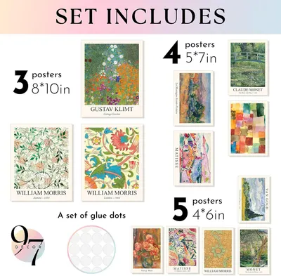 Shows the customer everything included in the purchase: 3 large posters (8x10in), 4 medium posters (5x7in), 5 small posters (4x6in), and a set of glue dots for easy mounting.