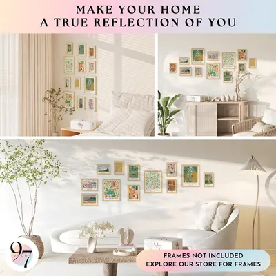 Communicates the brand's emotional positioning and showcases their product line of decorative art prints in lifestyle settings to inspire shoppers and build brand identity.