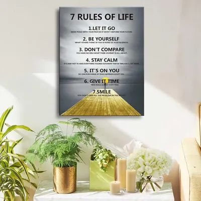Communicates seven distinct life principles in a segmented, numbered list format to inspire and guide shoppers seeking motivational wall art.