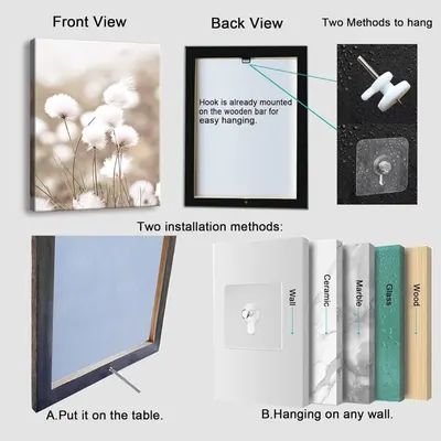 Demonstrates two ways to display the product: either standing on a table or hanging on a wall using the included hardware, reassuring shoppers about ease of setup and versatility. Shows the product…