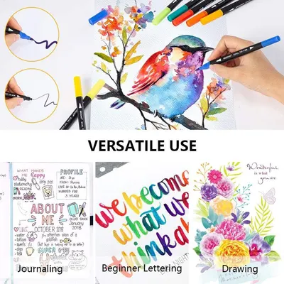 Demonstrates the multiple creative applications of the dual-tip pens, showing shoppers they can use the product for journaling, hand lettering, and artistic drawing.