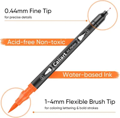 This image breaks down the dual-tip art marker by highlighting its physical components and material properties, showing shoppers the precise fine tip for detail work and the flexible brush tip for…