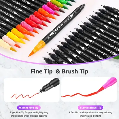 Highlights the product's dual-tip functionality, showing the 0.4mm fine tip for precise work and the 1-2mm brush tip for coloring and blending, helping shoppers understand the versatility of the…