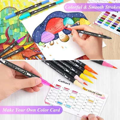 Demonstrates two key benefits of the Caliart art markers: the ability to create vibrant, smooth artwork and the functionality to create custom color reference cards for organization and planning.
