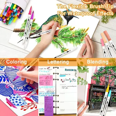 Demonstrates the versatility of the marker product by showing three distinct creative applications (coloring, lettering, and blending) to appeal to artists and crafters with different needs.
