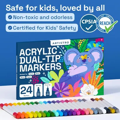 Reassures parents that the acrylic markers are safe for children to use, highlighting non-toxic materials and safety certifications. Shows the complete set of 24 markers in various colors that…