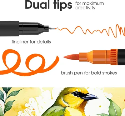 Explains the dual-tip design of the marker, showing how the fineliner tip is used for details and the brush pen tip is used for bold strokes, helping shoppers understand the product's versatility…