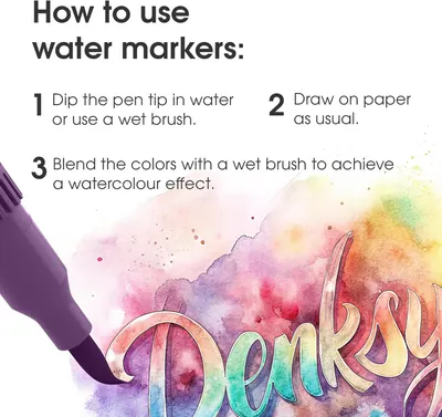 Explains how to use water markers through a clear 3-step process: dipping the pen in water, drawing on paper, and blending colors to achieve a watercolor effect. Demonstrates the key benefit of…