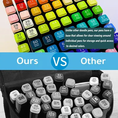 Demonstrates the product's superior storage design with a clear base that allows easy viewing and access to individual pens, compared to competitors' cluttered storage.