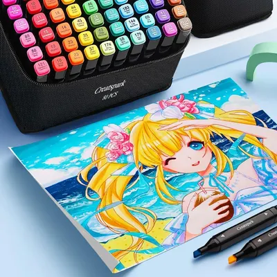 Shows everything included in the purchase—the full set of colorful markers organized in a carrying case, plus sample artwork to demonstrate the product's artistic capabilities and inspire potential…