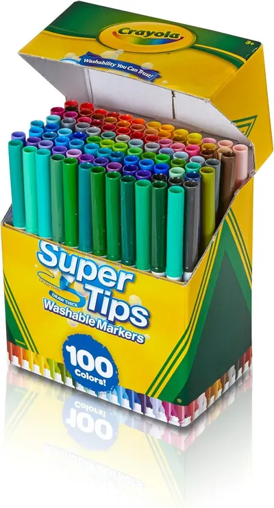 Shows the complete set of 100 washable markers in various colors that come in the package, helping shoppers understand the full variety and quantity they will receive.