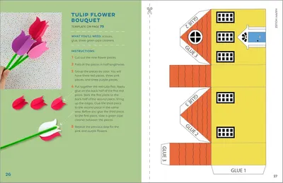 This image provides clear, numbered instructions showing how to assemble a paper tulip flower bouquet craft, guiding the shopper through cutting, folding, and gluing steps to create the final product.