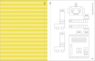 Provides step-by-step visual instructions showing how to cut and assemble a DIY robot craft project, making it easy for customers to understand the creative building process.