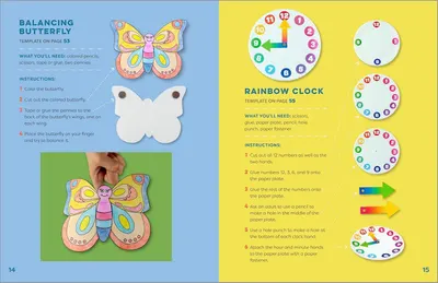 Provides clear, numbered instructions for two craft projects (balancing butterfly and rainbow clock) to help shoppers understand how to create these items step by step.