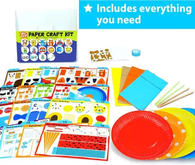 Shows all the components included in the paper craft kit to reassure shoppers they're getting a complete, ready-to-use bundle with instructions, pre-cut pieces, paper plates, colored paper, and…