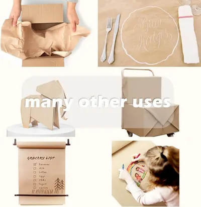 Demonstrates the product's versatility by showing multiple creative applications including packaging, table settings, crafts, shopping bags, grocery lists, and children's art projects to communicate…