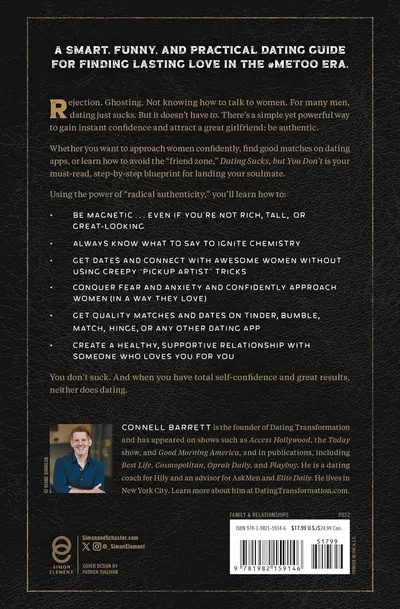 This image showcases multiple distinct benefits of a dating guide book, presenting a bulleted list of different skills and outcomes readers will gain, from building confidence to creating healthy…
