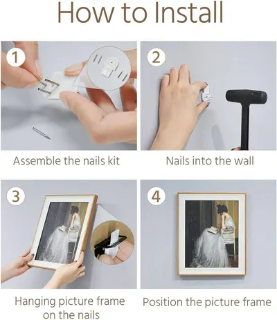 Provides clear step-by-step visual instructions showing shoppers exactly how to install and hang the picture frame using the included nails kit, reducing installation anxiety and demonstrating ease…
