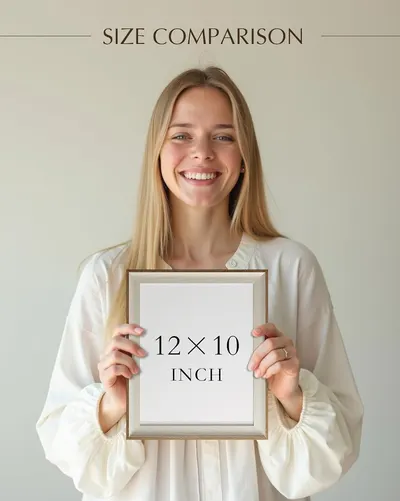 Demonstrates the physical size of the product (12 x 10 inch frame) by using a human model as a reference point, helping shoppers visualize the actual dimensions before purchase.