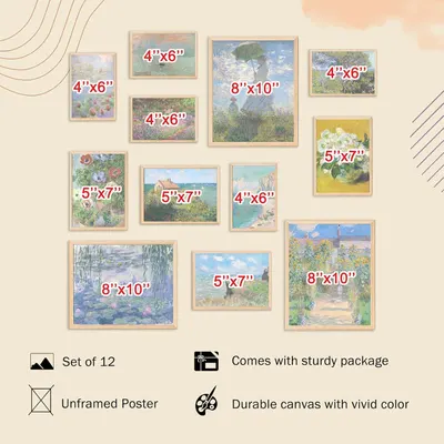 Shows the customer exactly what they receive in the purchase: a set of 12 art prints in various sizes (4x6, 5x7, 8x10), highlighting the variety and value of the bundle along with key product…