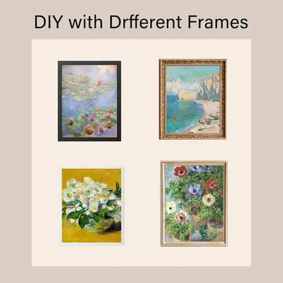 Showcases the brand's product portfolio by displaying multiple frame style options available, helping shoppers visualize different aesthetic choices for their artwork or photos.