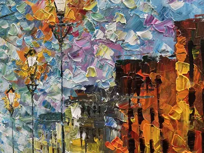 This appears to be an artistic painting or decorative artwork, not a product image. It shows a colorful impressionist-style scene with buildings and street lamps, likely intended as wall art or home…