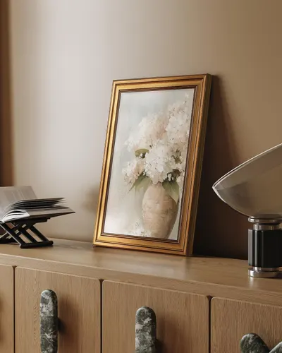Demonstrates how the framed artwork fits naturally into a real-world home setting, helping shoppers visualize the product in their own space.