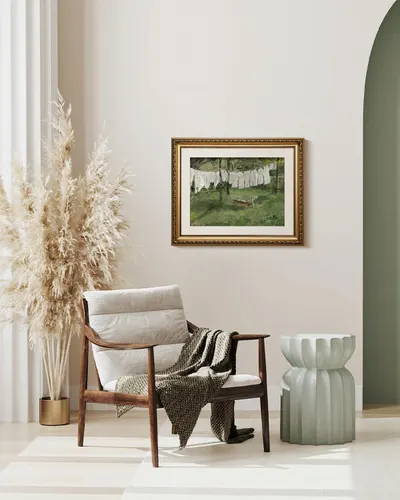 Demonstrates how the framed artwork integrates beautifully into a real-world living space, helping shoppers visualize the product in their own home environment.