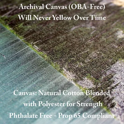 Communicates multiple material quality and safety features of the canvas to reassure buyers about durability, longevity, and environmental/health safety standards.