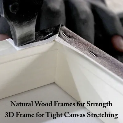 Highlights the product's premium natural wood frame construction and 3D design that ensures tight canvas stretching, reassuring shoppers of quality and durability.