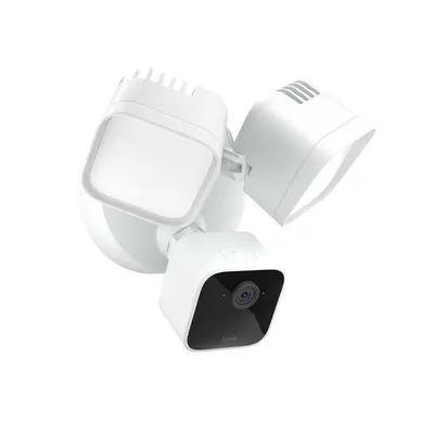 Displays the security camera with integrated floodlights on a clean white background to show the product design and components clearly.