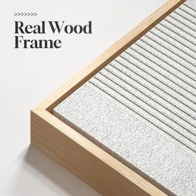 Highlights the premium quality of the product by emphasizing its real wood frame construction, reassuring shoppers of its durability and aesthetic appeal.