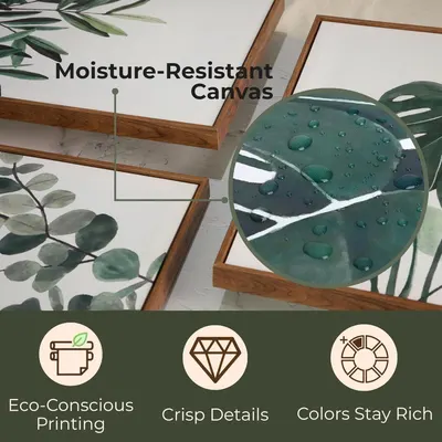 Communicates multiple product benefits in a segmented layout, highlighting the canvas's moisture resistance, eco-friendly printing, detail quality, and color longevity to reassure shoppers of the…