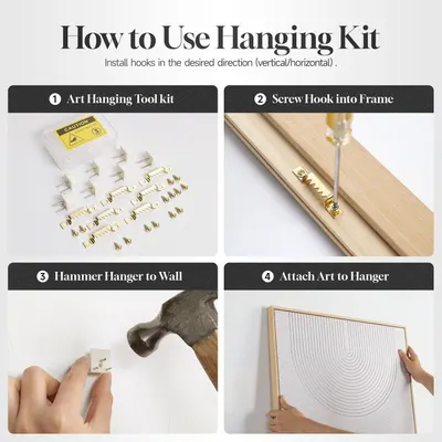 Provides clear step-by-step instructions on how to install and hang artwork using the included hanging kit, reassuring shoppers that setup is straightforward and manageable.
