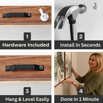 Demonstrates the simple 4-step installation process to reassure shoppers that the product can be hung quickly and easily without professional help. Highlights multiple benefits in a segmented layout…