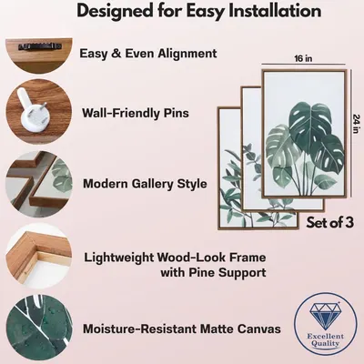 Communicates multiple distinct product benefits in a segmented layout to show shoppers why this wall art set is easy to install, stylish, and durable.