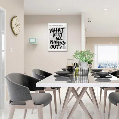 Demonstrates how the product (wall art/poster) looks when displayed in a real-world dining room setting, helping shoppers visualize it in their own home.