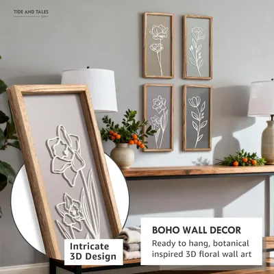 Communicates multiple selling benefits of the wall decor including its intricate 3D design, ready-to-hang convenience, and botanical aesthetic to appeal to home decor shoppers.
