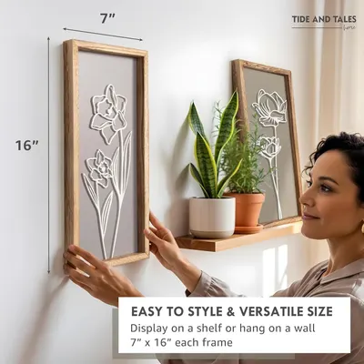 Communicates the exact physical dimensions of the framed wall art to help shoppers understand the size and visualize how it will fit in their space. Highlights the product's versatility by showing…