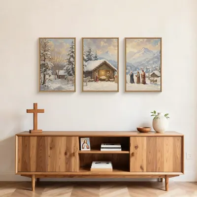 Positions the product as seasonal holiday decor featuring a nativity scene and winter landscapes, perfect for Christmas gifting or home decoration during the holiday season.