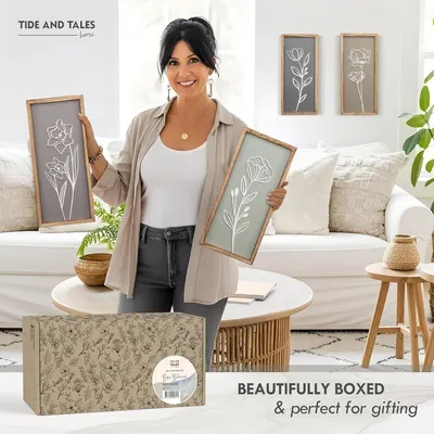 Communicates that the product comes beautifully boxed and is perfect for gifting occasions, making it an ideal present choice. Introduces the brand identity (Tide and Tales home) through a lifestyle…