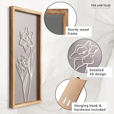 This image breaks down the key physical components and features of the framed wall art to help shoppers understand the product's construction quality, design detail, and ease of installation.