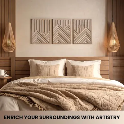 Demonstrates the product (wall art panels) in a real-world bedroom environment to help shoppers visualize how it would look in their own space.