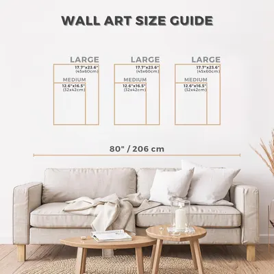 Helps shoppers visualize the appropriate wall art size for their space by showing exact dimensions and how different sizes would look above a sofa in a real room setting.