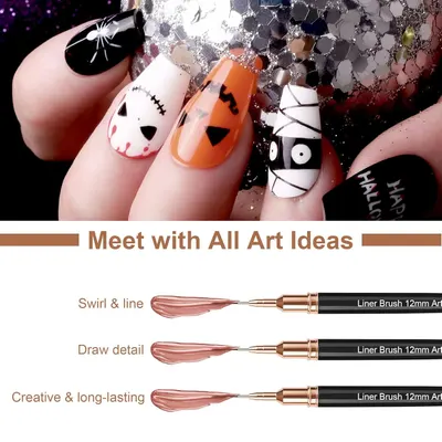Demonstrates how to use the liner brush to create detailed nail art designs, showing the product's versatility for swirling, detailing, and creating long-lasting creative designs. Showcases multiple…