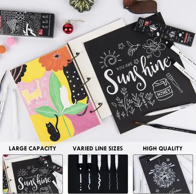 Communicates three distinct product benefits in a segmented layout: the large capacity for storing artwork, the variety of pen line sizes available, and the high quality of the materials for…