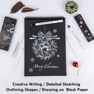 Demonstrates multiple use cases for the product (acrylic markers), showing they can be used for creative writing, detailed sketching, outlining shapes, and drawing on black paper to communicate…
