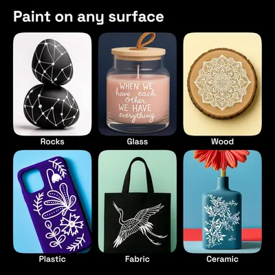 Demonstrates the product's versatility by showing it can be used on multiple different surfaces and materials, reassuring shoppers that it works across a wide range of creative projects.