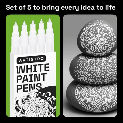Shows the customer exactly what they receive in the package (5 white paint pens) and demonstrates the creative possibilities through example artwork on rocks. Demonstrates the product's versatility…