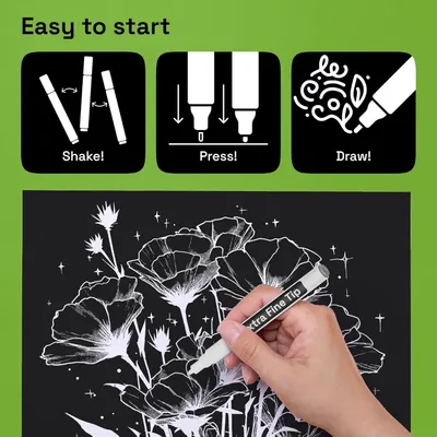 Demonstrates the simple three-step process (shake, press, draw) to use the marker product, reassuring shoppers that the product is easy to start and use.